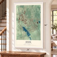 Avon, Massachusetts map, 24 x 36 inch print in a white frame by a staircase