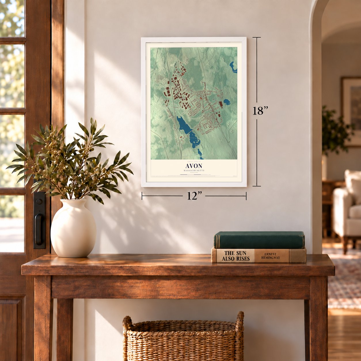 Avon, Massachusetts map, 12 x 18 inch print in a white frame in an entryway