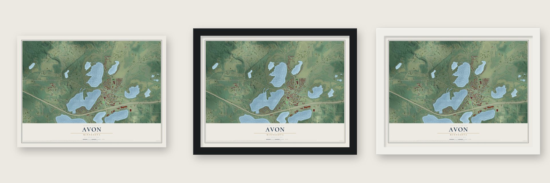 Avon, Minnesota map unframed, in a black wood frame and in a white wood frame