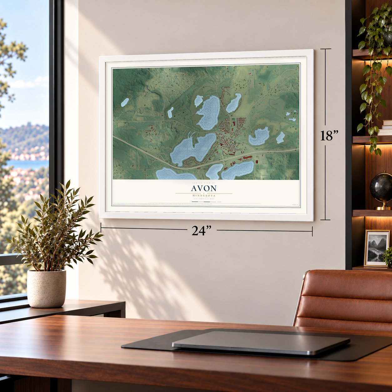 Avon, Minnesota map, 18 x 24 inch print in a white frame in a home office