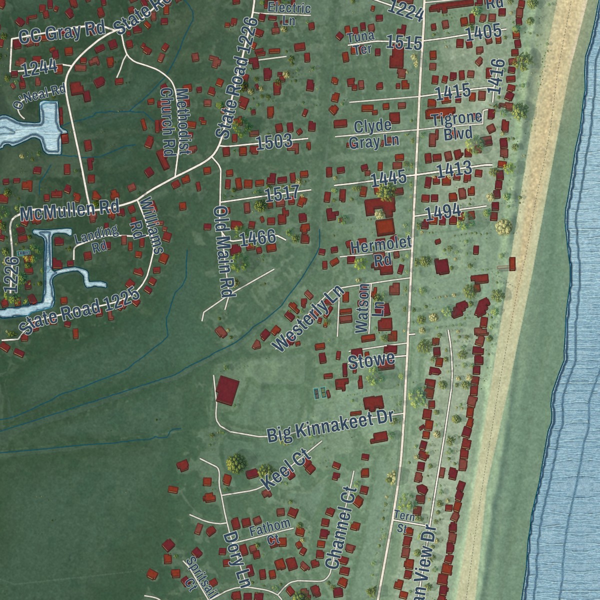 Second close-up of the map of Avon, North Carolina print showing more streets and buildings