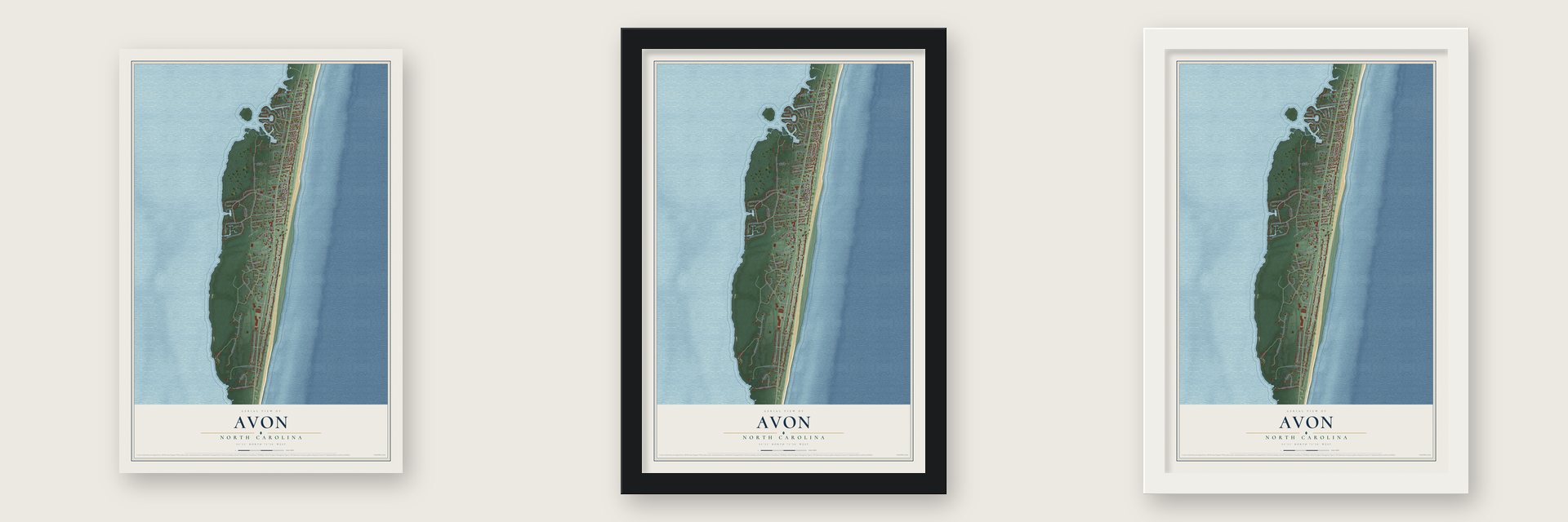 Avon, North Carolina map unframed, in a black wood frame and in a white wood frame