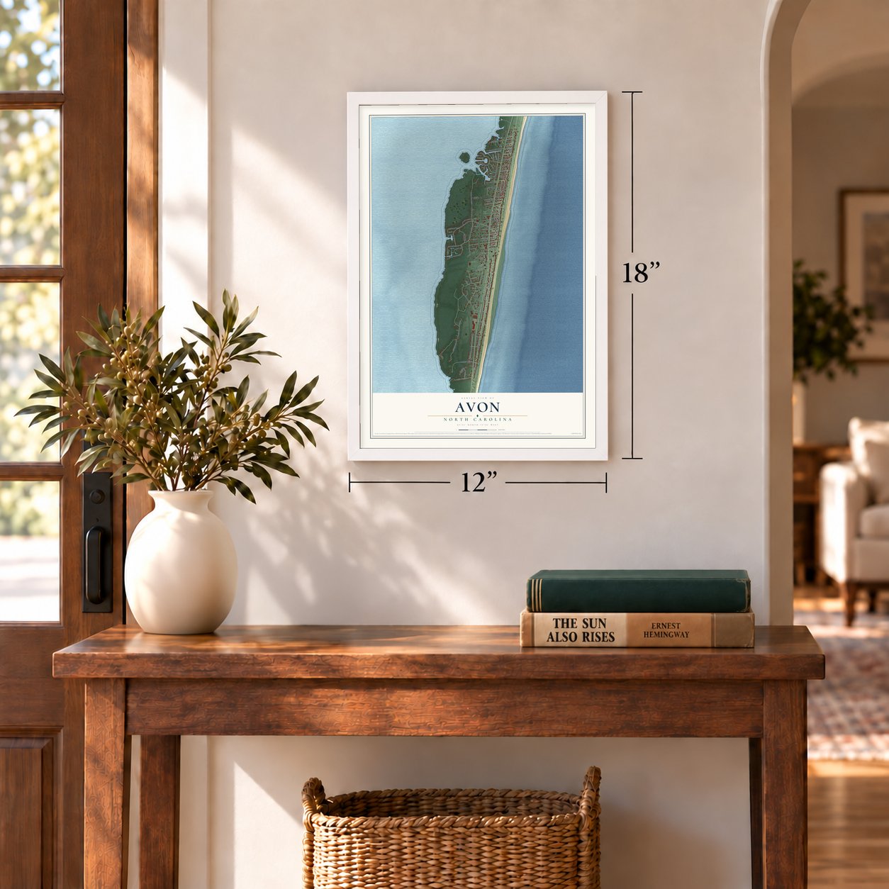 Avon, North Carolina map, 12 x 18 inch print in a white frame in an entryway