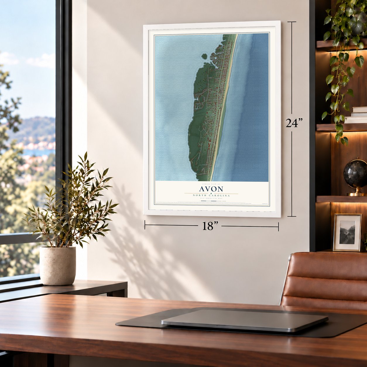 Avon, North Carolina map, 18 x 24 inch print in a white frame in a home office