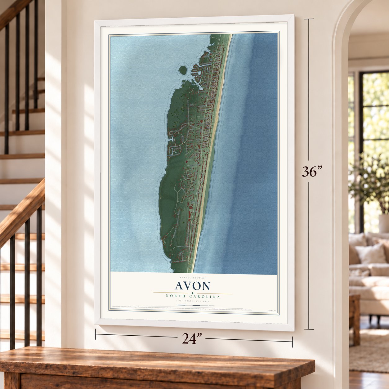 Avon, North Carolina map, 24 x 36 inch print in a white frame by a staircase