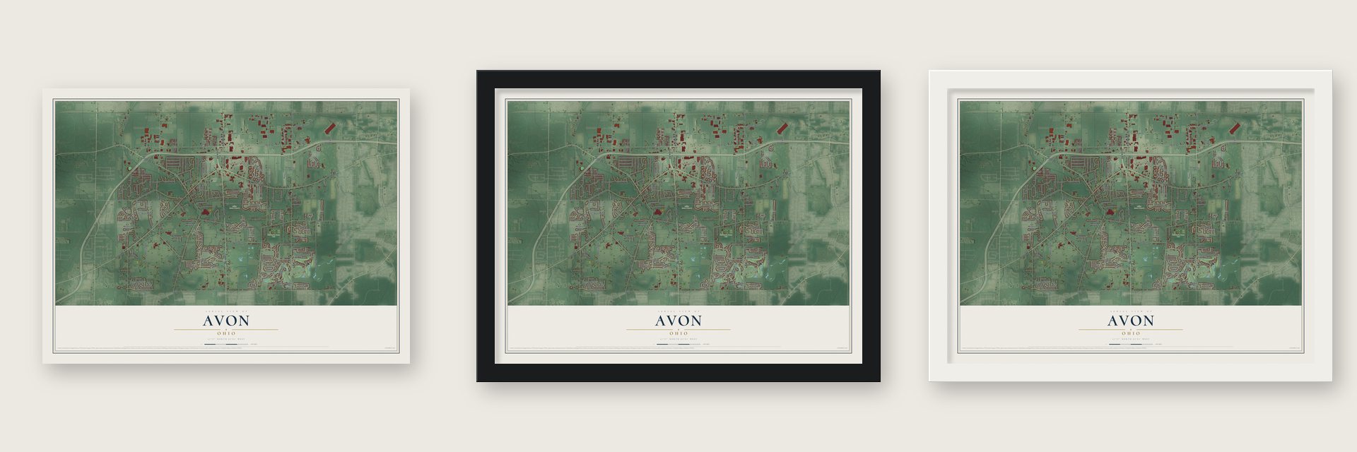 Avon, Ohio map unframed, in a black wood frame and in a white wood frame