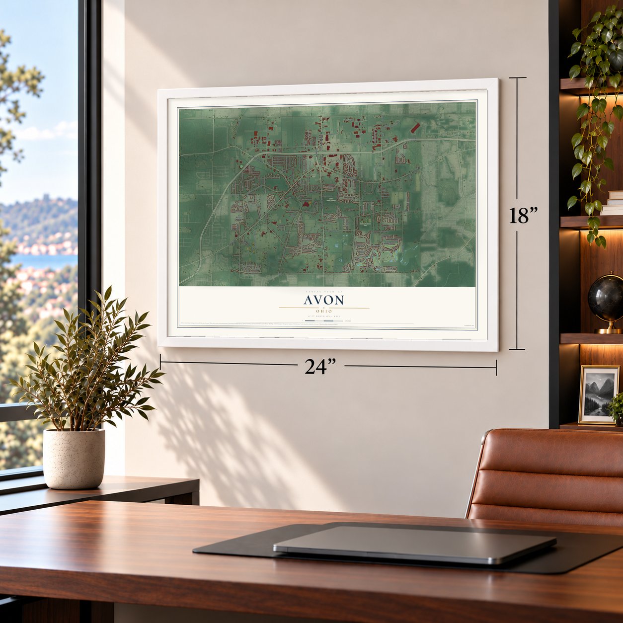 Avon, Ohio map, 18 x 24 inch print in a white frame in a home office