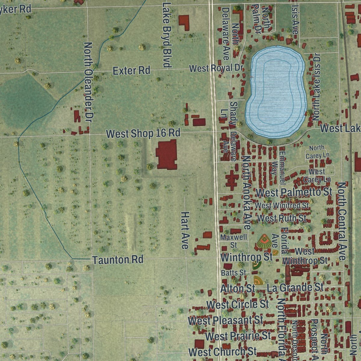 Second close-up of the map of Avon Park, Florida print showing more streets and buildings
