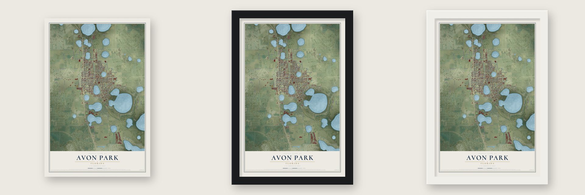 Avon Park, Florida map unframed, in a black wood frame and in a white wood frame