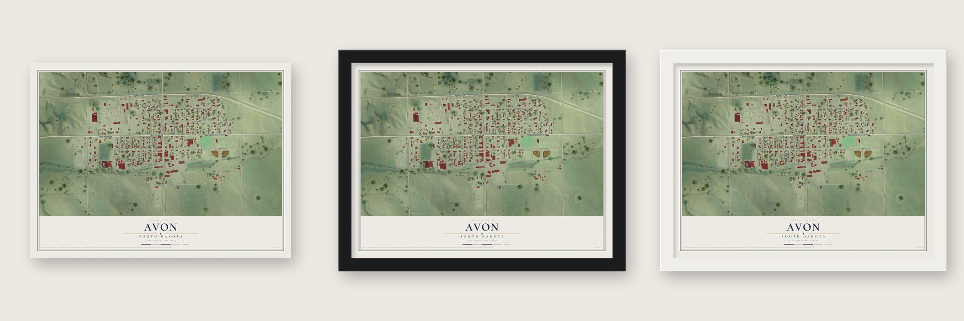 Avon, South Dakota map unframed, in a black wood frame and in a white wood frame