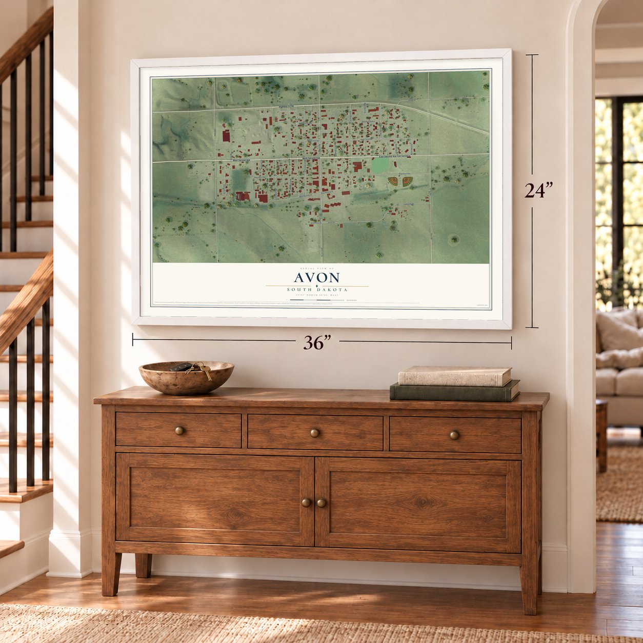 Avon, South Dakota map, 24 x 36 inch print in a white frame above a dresser by a staircase