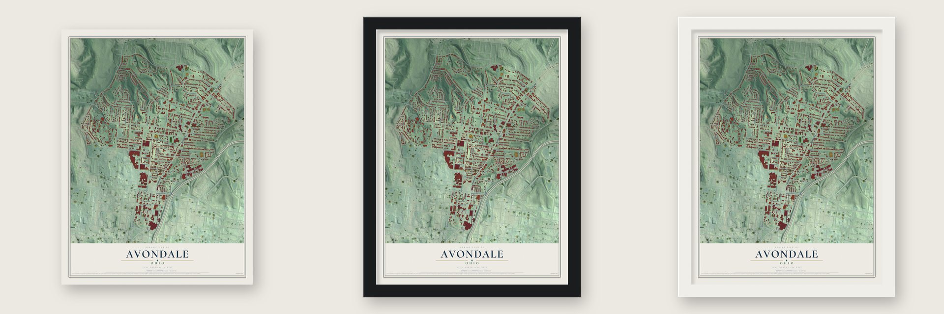 Avondale, Cincinnati, Ohio map unframed, in a black wood frame and in a white wood frame