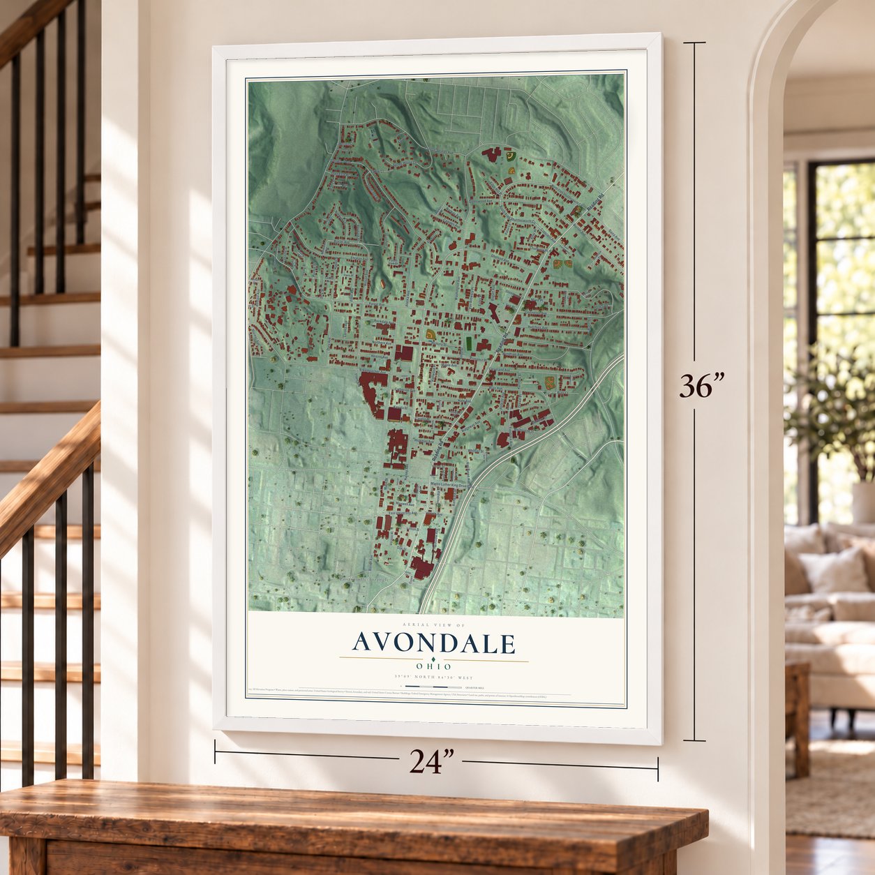 Avondale, Cincinnati, Ohio map, 24 x 36 inch print in a white frame by a staircase