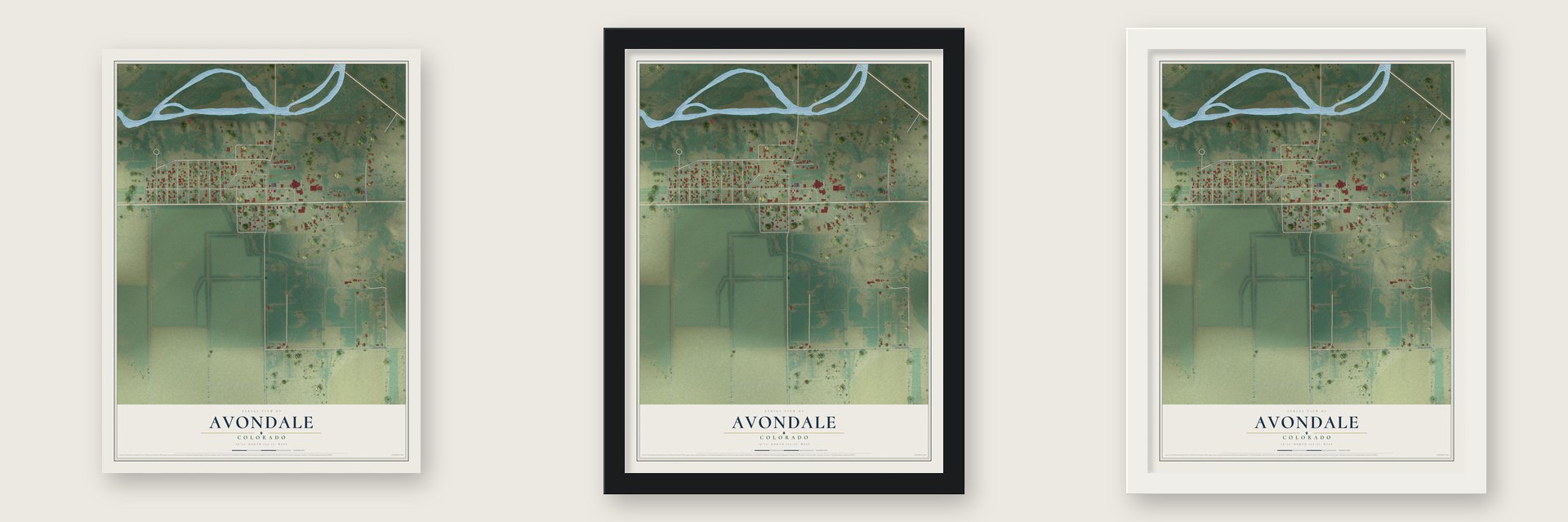 Avondale, Colorado map unframed, in a black wood frame and in a white wood frame