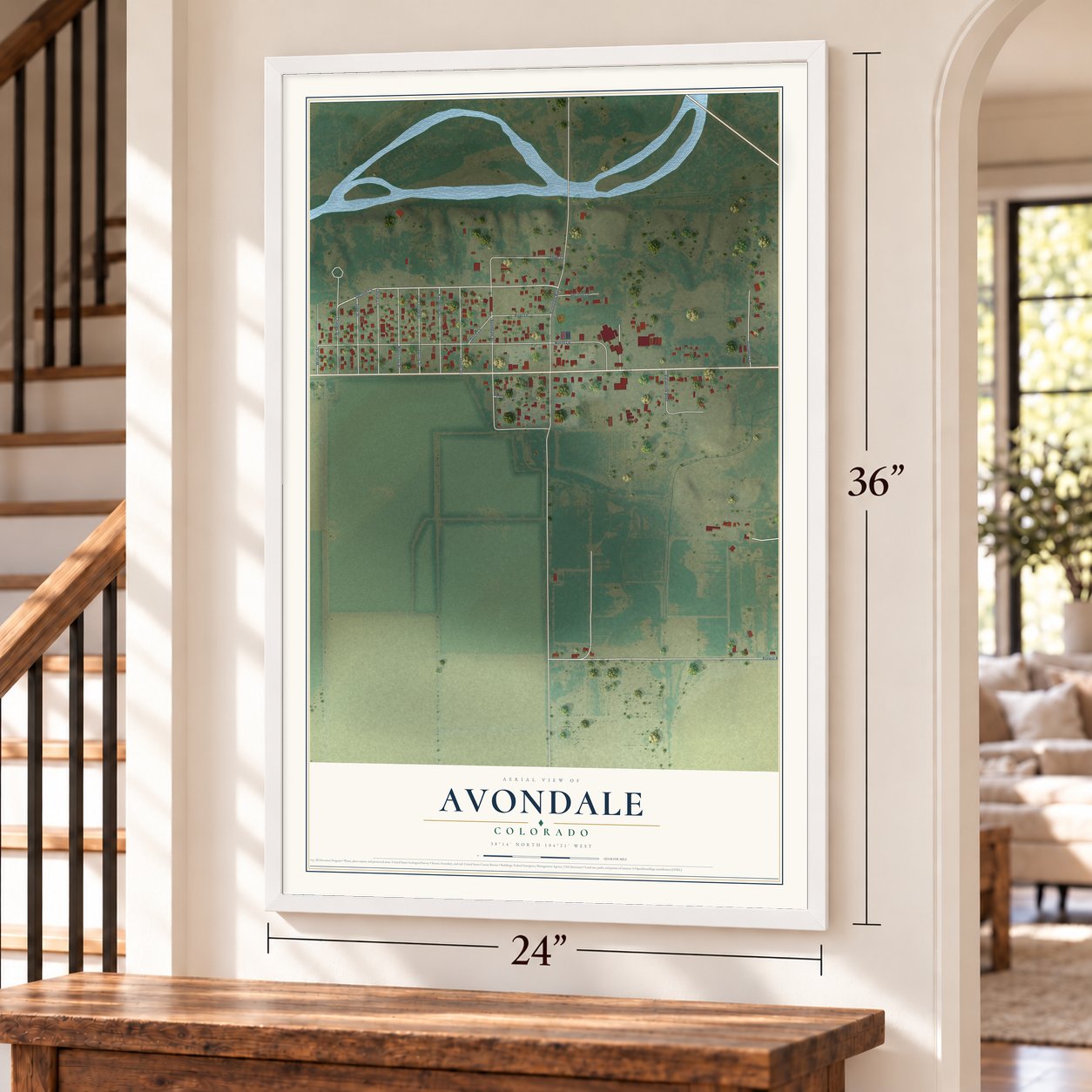Avondale, Colorado map, 24 x 36 inch print in a white frame by a staircase