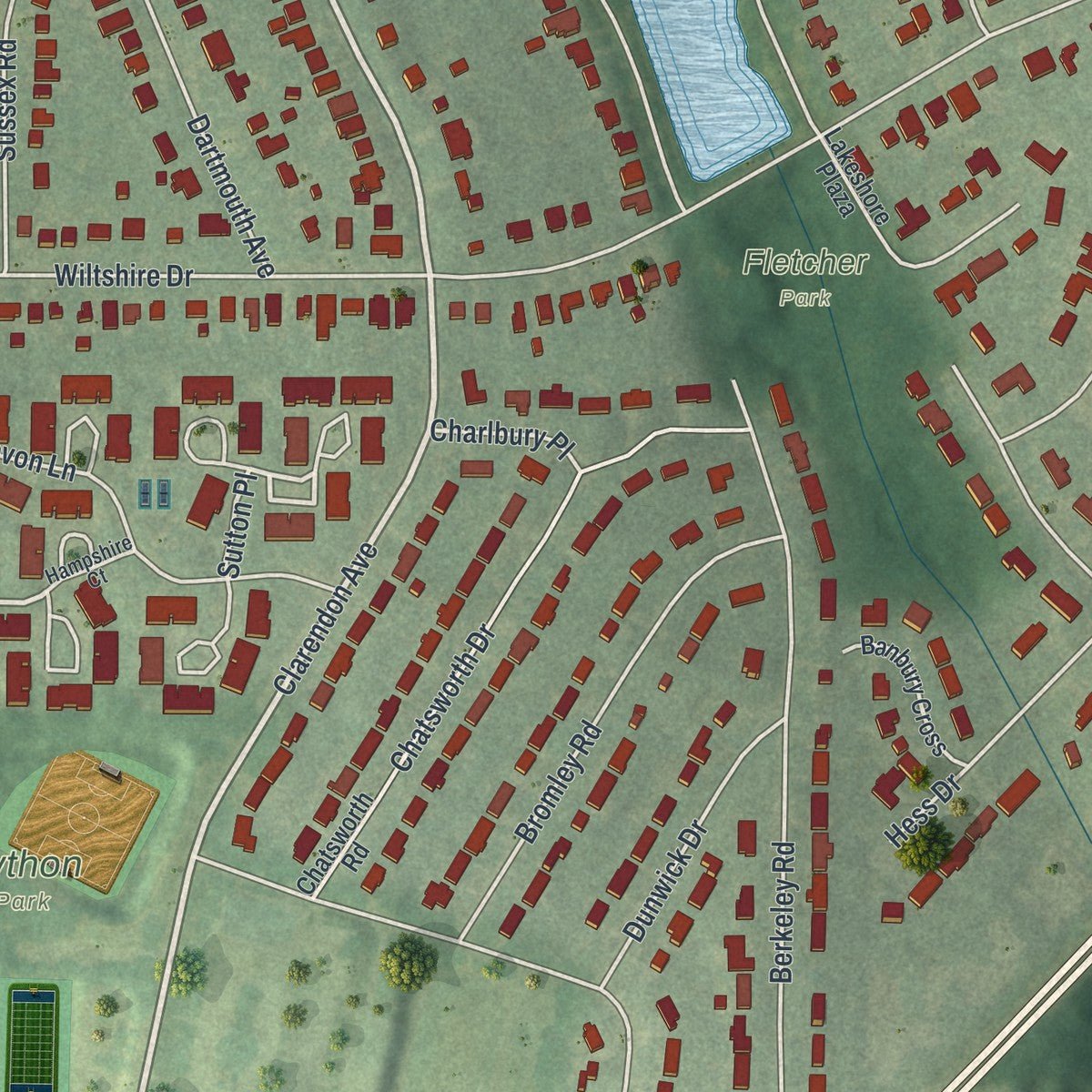 Second close-up of the map of Avondale Estates, Georgia print showing more streets and buildings