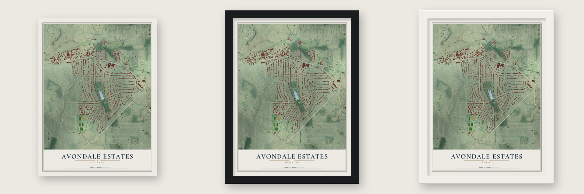 Avondale Estates, Georgia map unframed, in a black wood frame and in a white wood frame