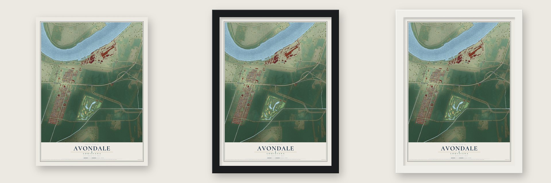 Avondale, Louisiana map unframed, in a black wood frame and in a white wood frame