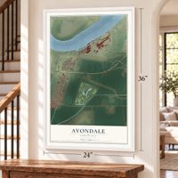 Avondale, Louisiana map, 24 x 36 inch print in a white frame by a staircase