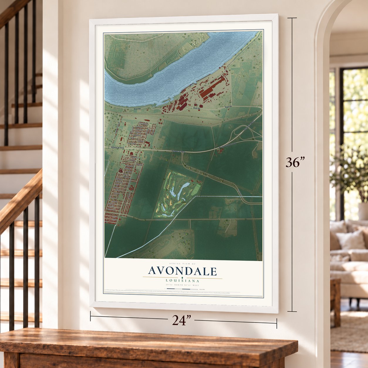 Avondale, Louisiana map, 24 x 36 inch print in a white frame by a staircase