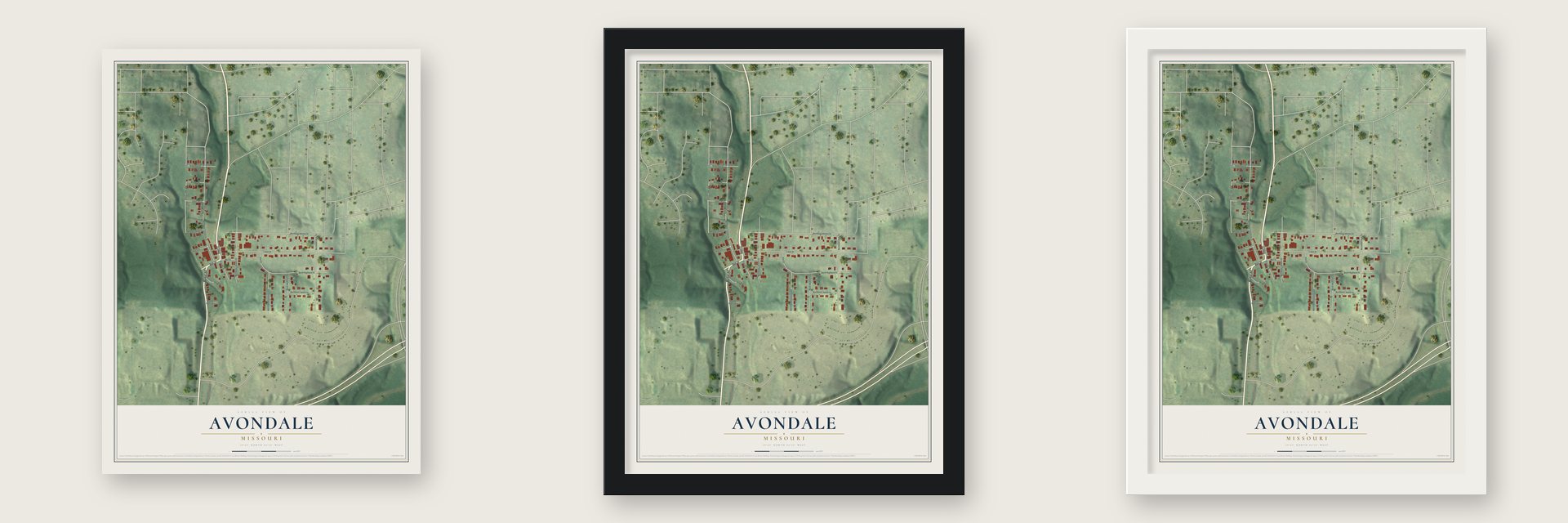 Avondale, Missouri map unframed, in a black wood frame and in a white wood frame