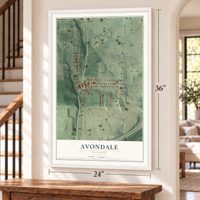 Avondale, Missouri map, 24 x 36 inch print in a white frame by a staircase