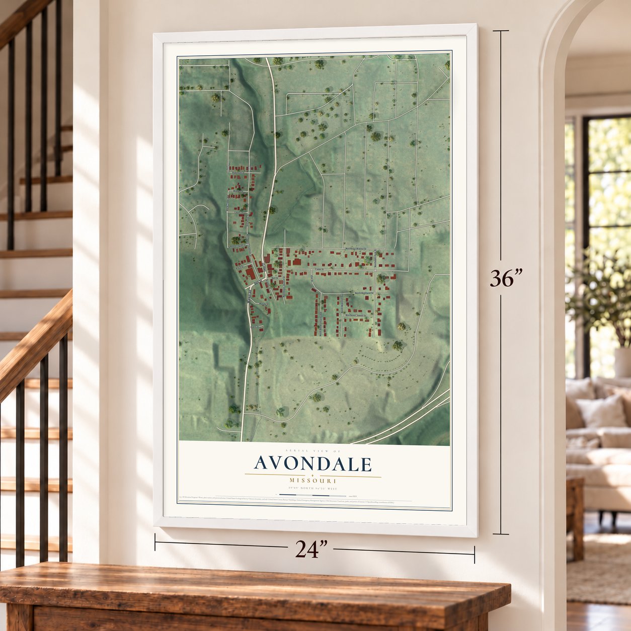 Avondale, Missouri map, 24 x 36 inch print in a white frame by a staircase