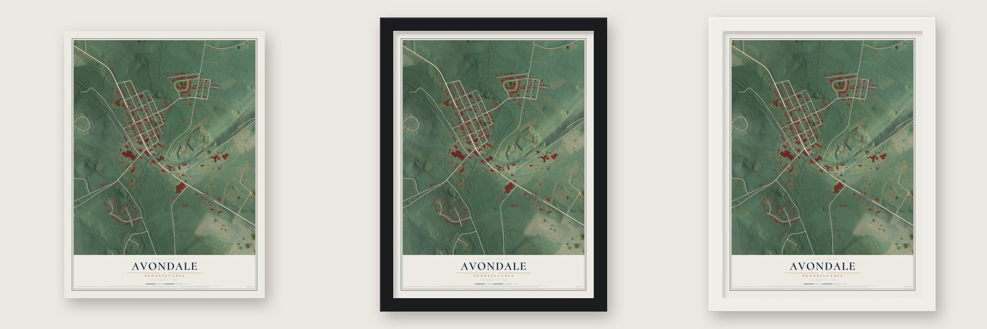 Avondale, Pennsylvania map unframed, in a black wood frame and in a white wood frame