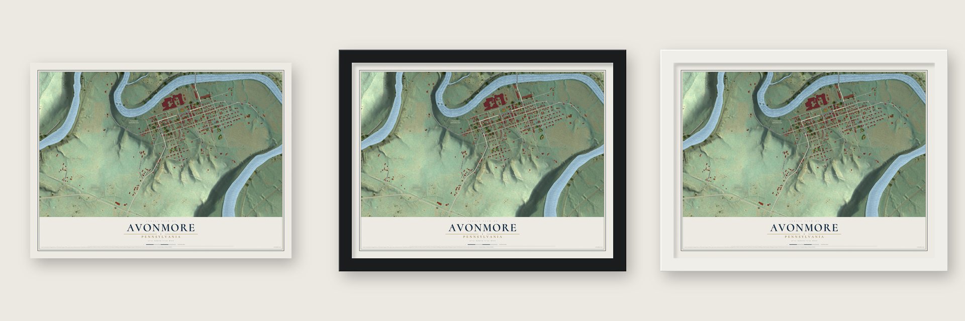 Avonmore, Pennsylvania map unframed, in a black wood frame and in a white wood frame