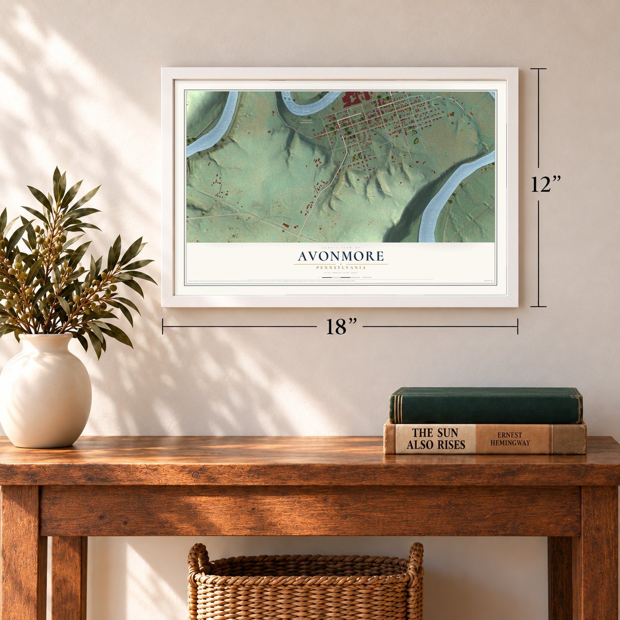 Avonmore, Pennsylvania map, 12 x 18 inch print in a white frame in an entryway
