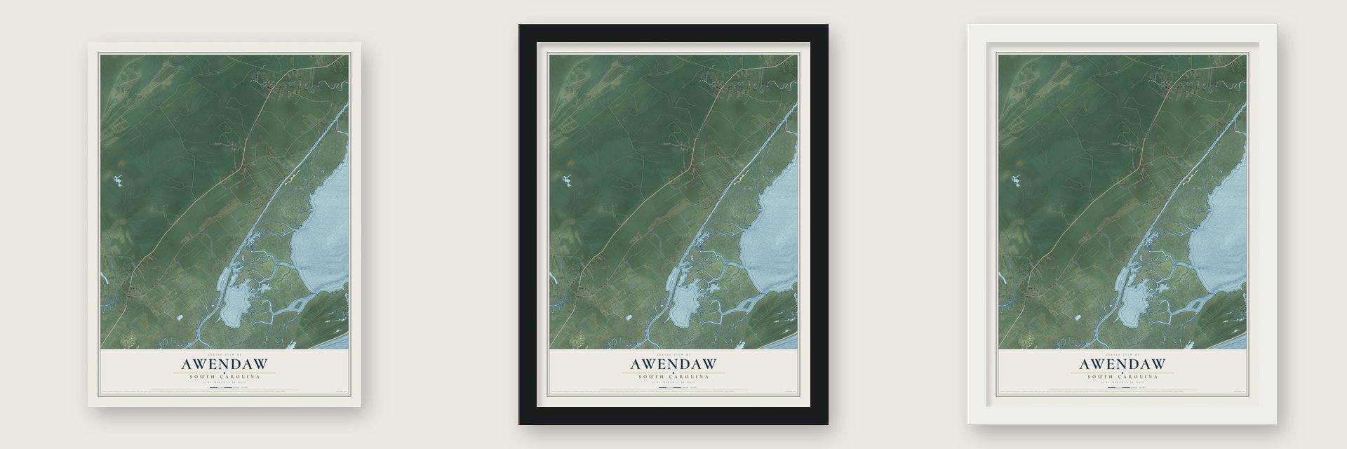Awendaw, South Carolina map unframed, in a black wood frame and in a white wood frame