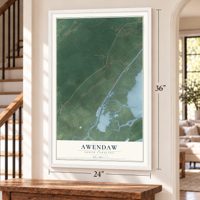 Awendaw, South Carolina map, 24 x 36 inch print in a white frame by a staircase
