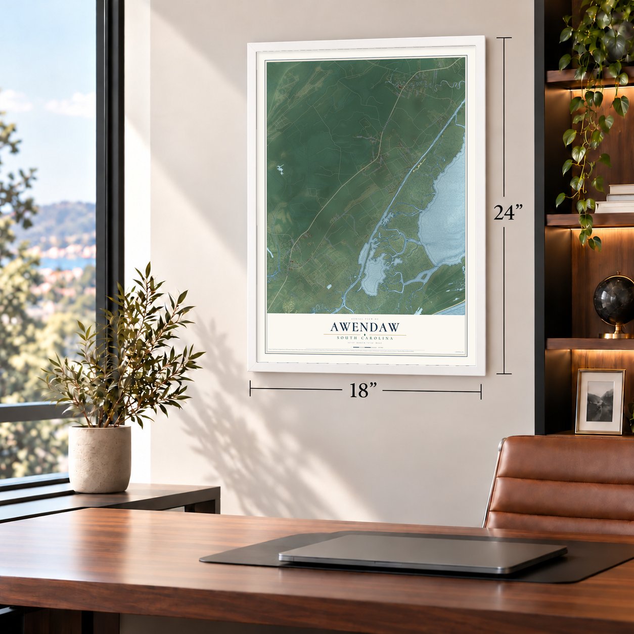 Awendaw, South Carolina map, 18 x 24 inch print in a white frame in a home office