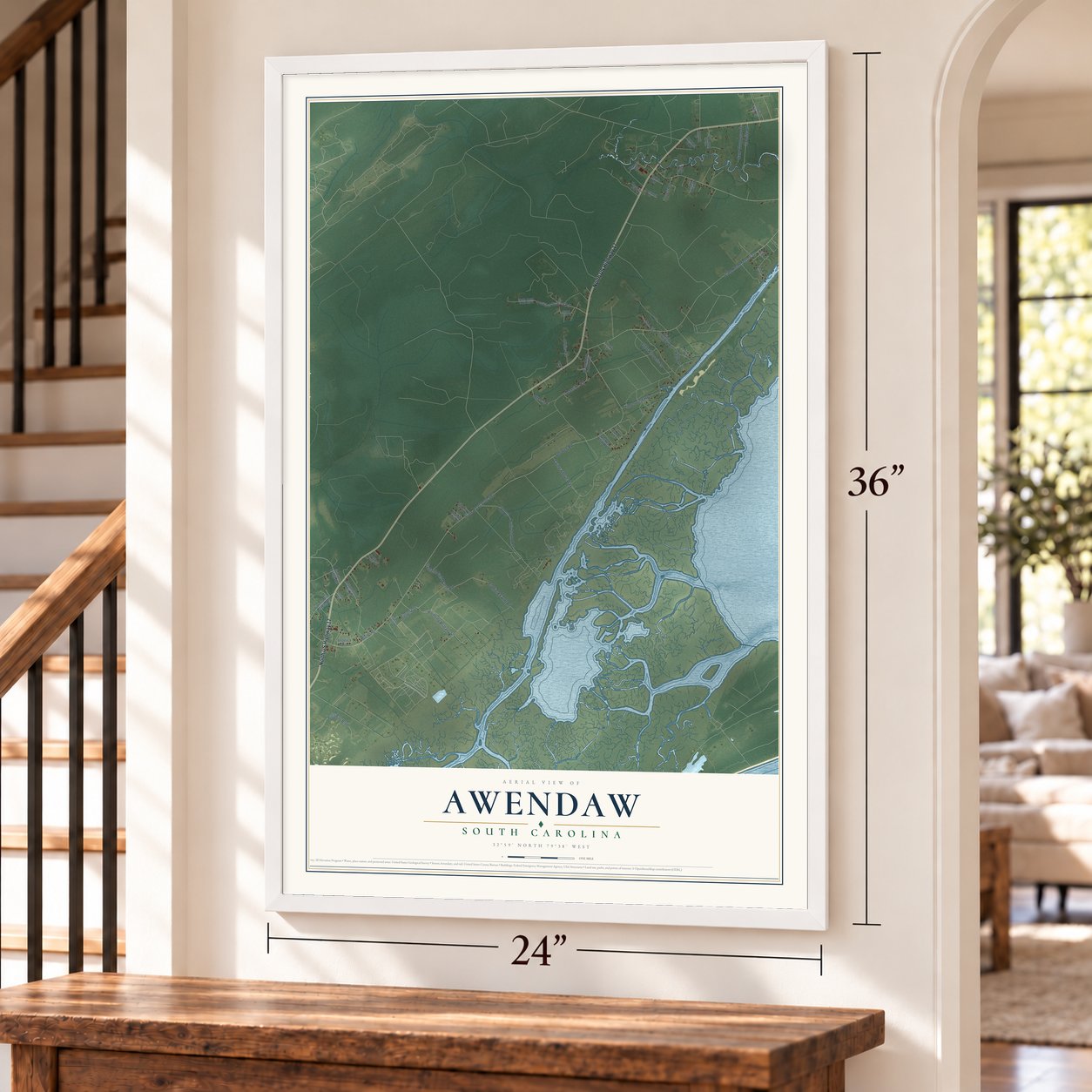 Awendaw, South Carolina map, 24 x 36 inch print in a white frame by a staircase