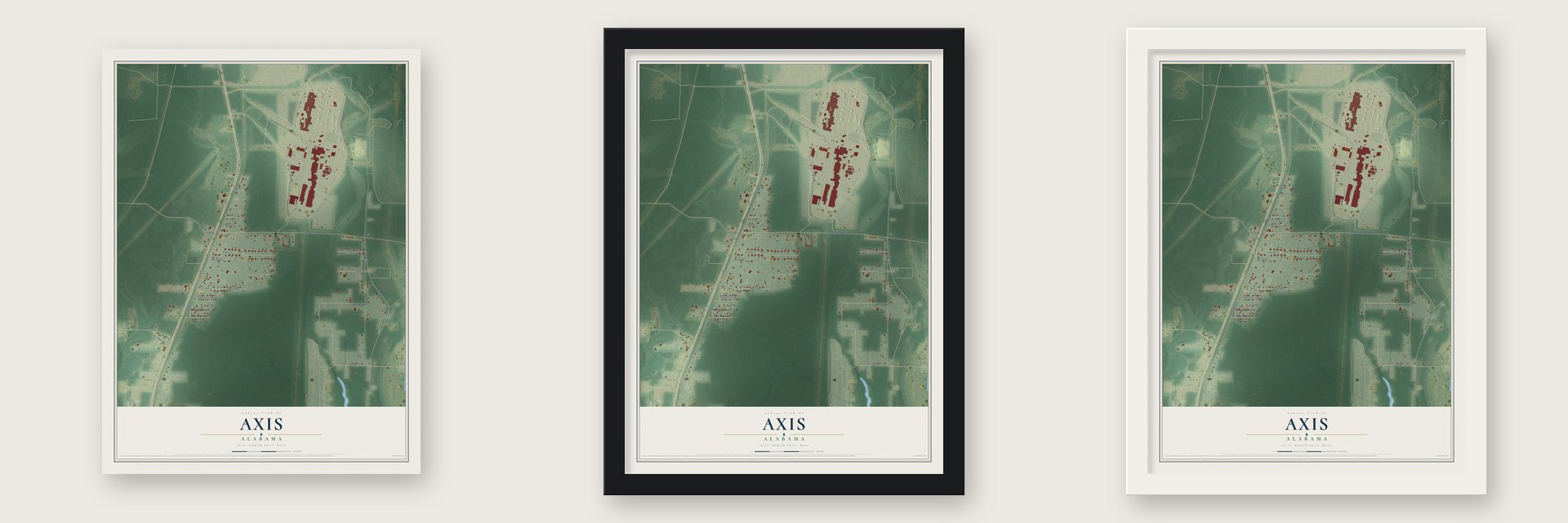 Axis, Alabama map unframed, in a black wood frame and in a white wood frame