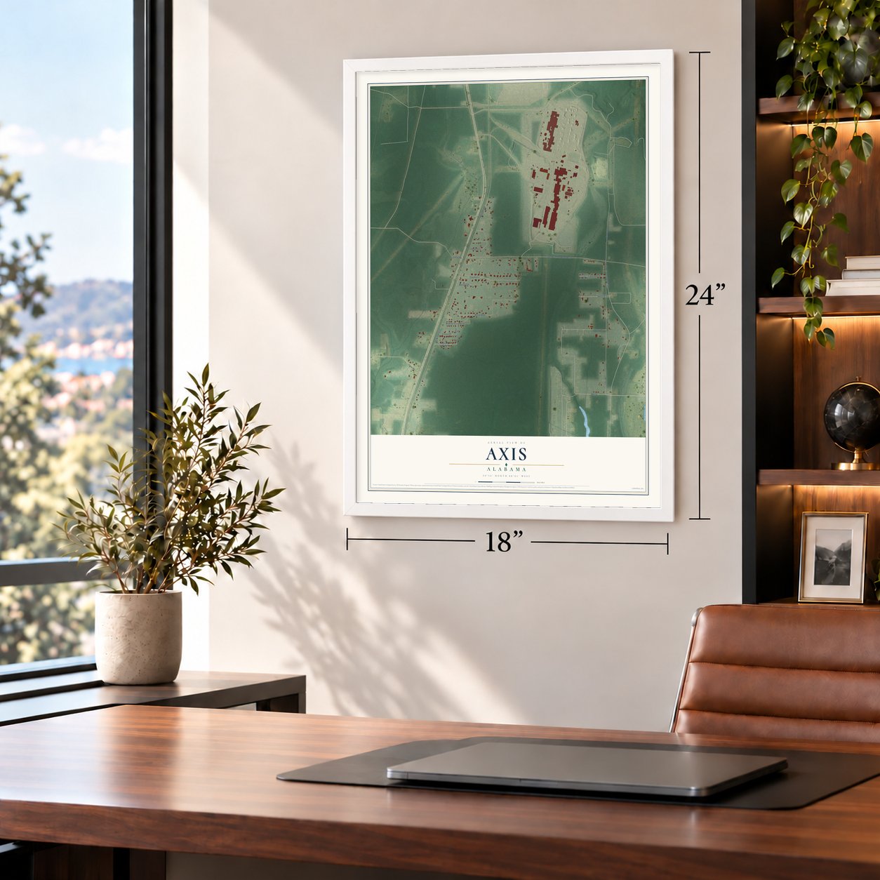Axis, Alabama map, 18 x 24 inch print in a white frame in a home office