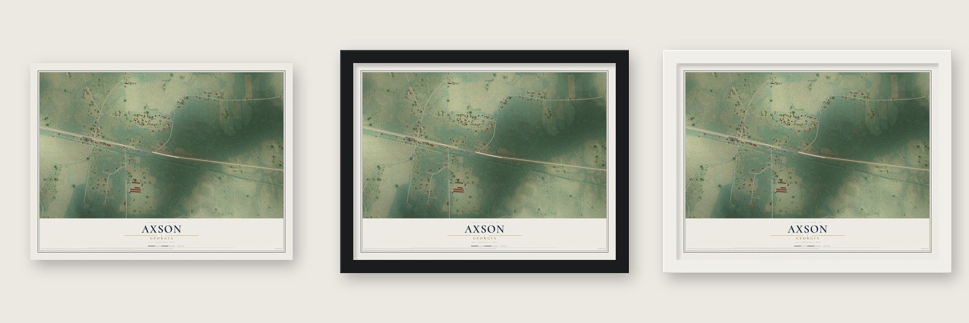 Axson, Georgia map unframed, in a black wood frame and in a white wood frame