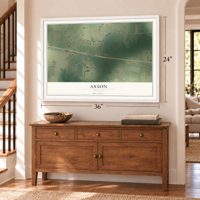 Axson, Georgia map, 24 x 36 inch print in a white frame above a dresser by a staircase