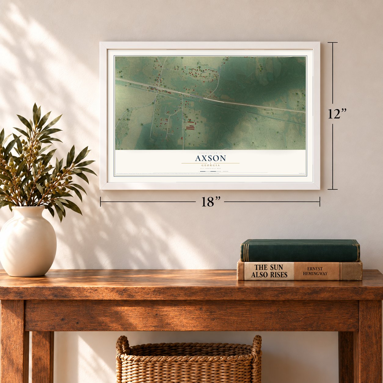 Axson, Georgia map, 12 x 18 inch print in a white frame in an entryway