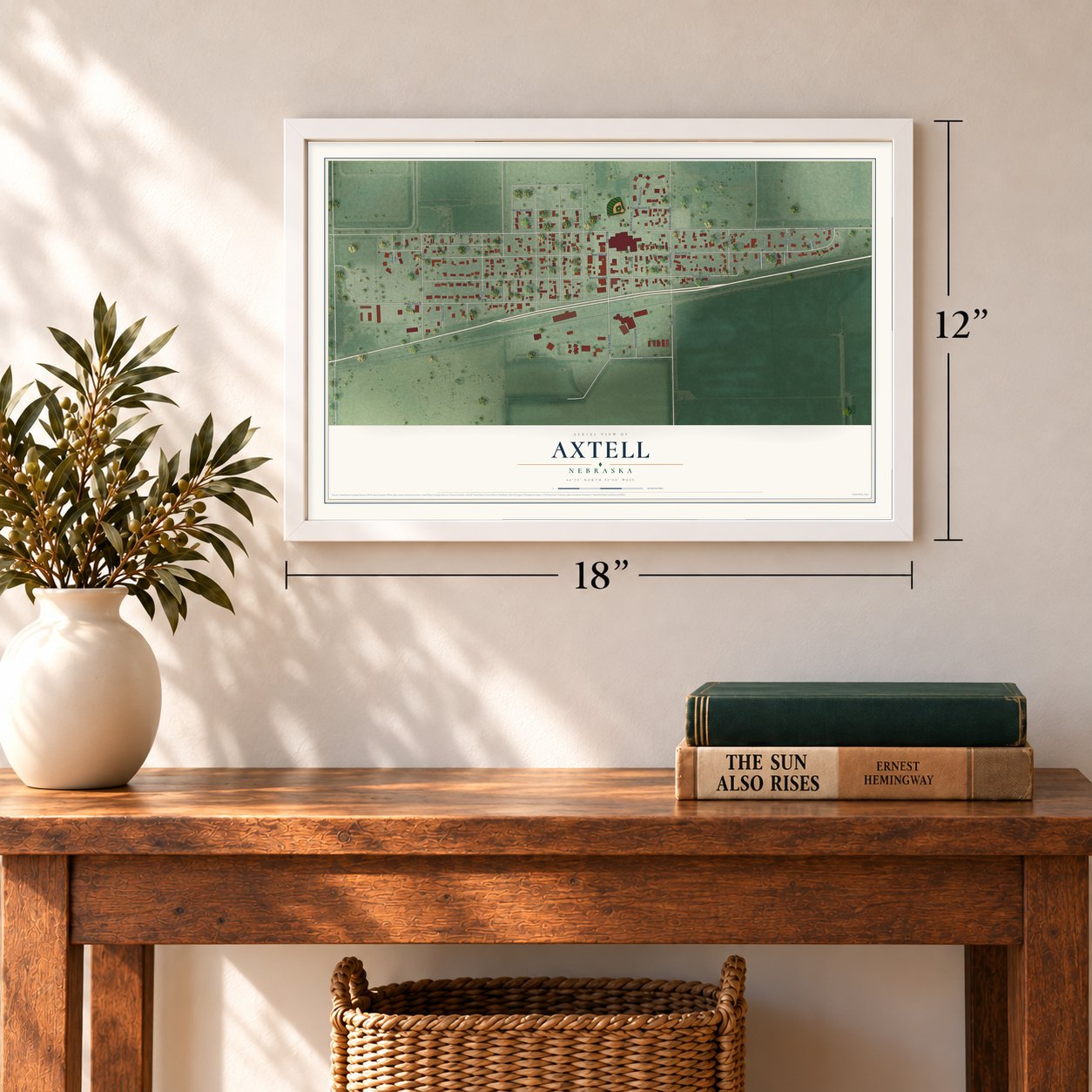 Axtell, Nebraska map, 12 x 18 inch print in a white frame in an entryway