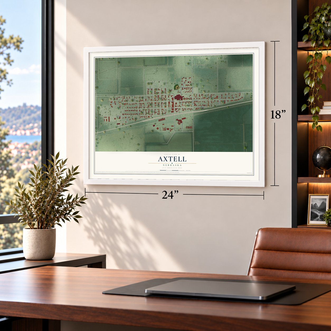 Axtell, Nebraska map, 18 x 24 inch print in a white frame in a home office