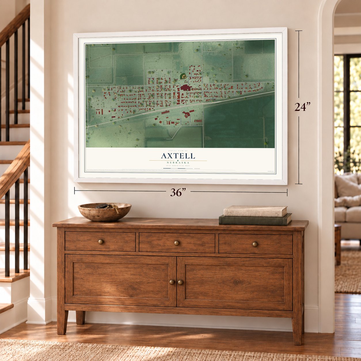 Axtell, Nebraska map, 24 x 36 inch print in a white frame above a dresser by a staircase