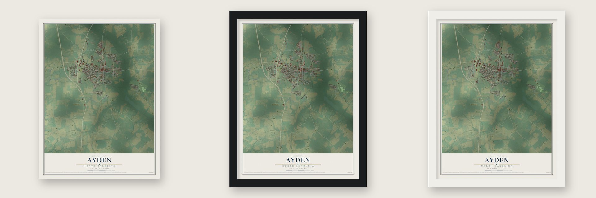 Ayden, North Carolina map unframed, in a black wood frame and in a white wood frame
