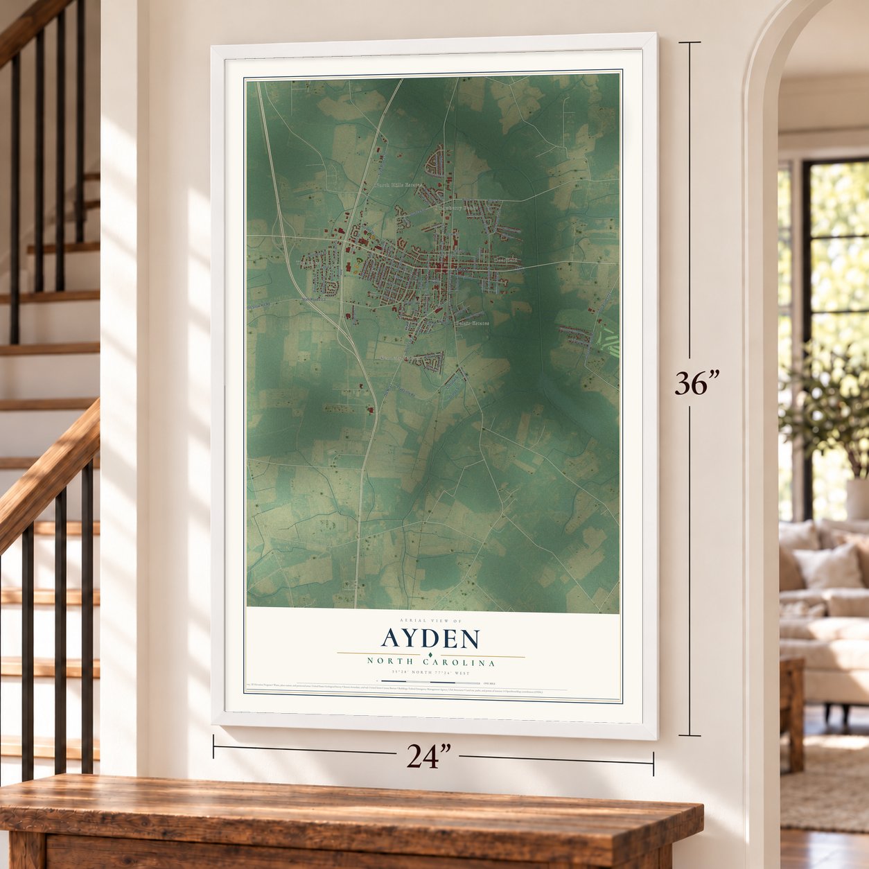 Ayden, North Carolina map, 24 x 36 inch print in a white frame by a staircase