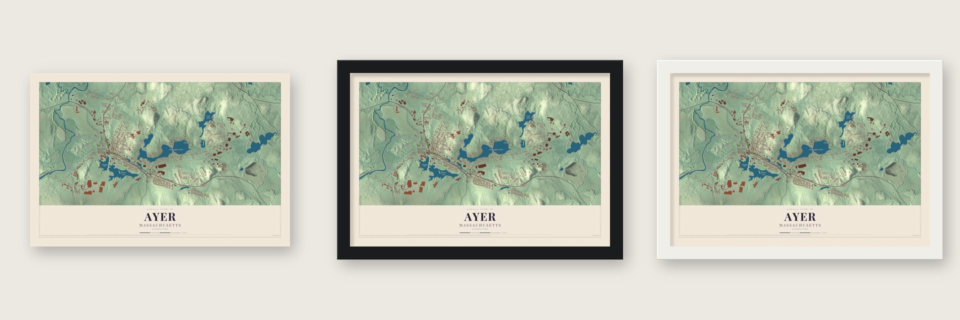 Ayer, Massachusetts map unframed, in a black wood frame and in a white wood frame