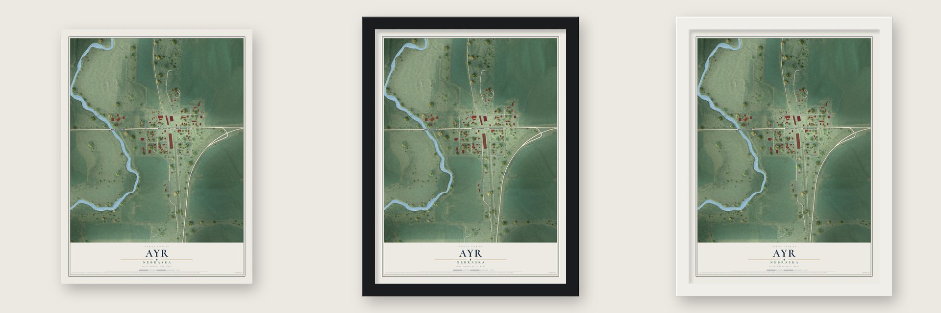 Ayr, Nebraska map unframed, in a black wood frame and in a white wood frame