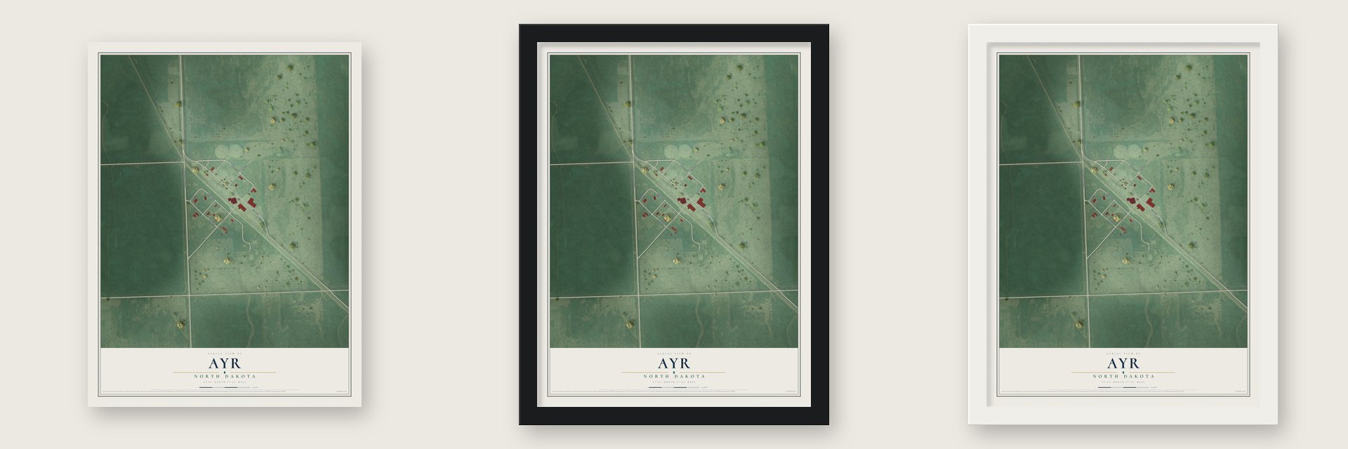 Ayr, North Dakota map unframed, in a black wood frame and in a white wood frame