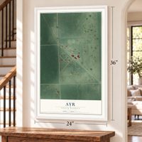 Ayr, North Dakota map, 24 x 36 inch print in a white frame by a staircase