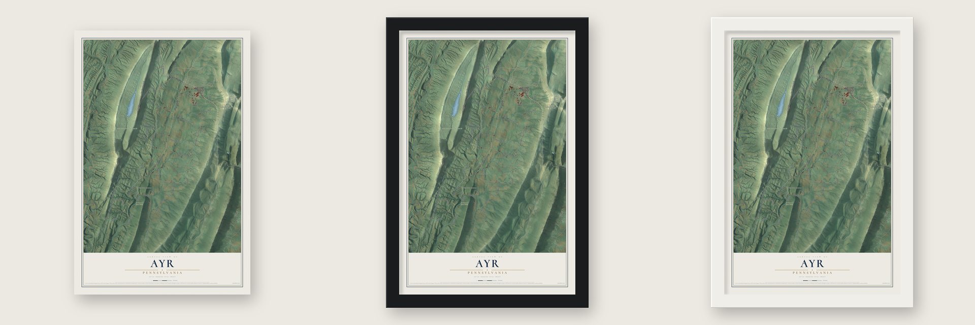 Ayr, Pennsylvania map unframed, in a black wood frame and in a white wood frame