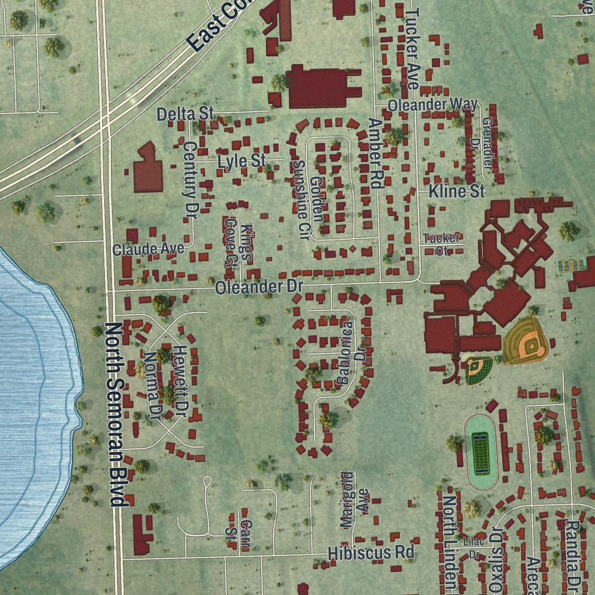 Second close-up of the map of Azalea Park, Florida print showing more streets and buildings